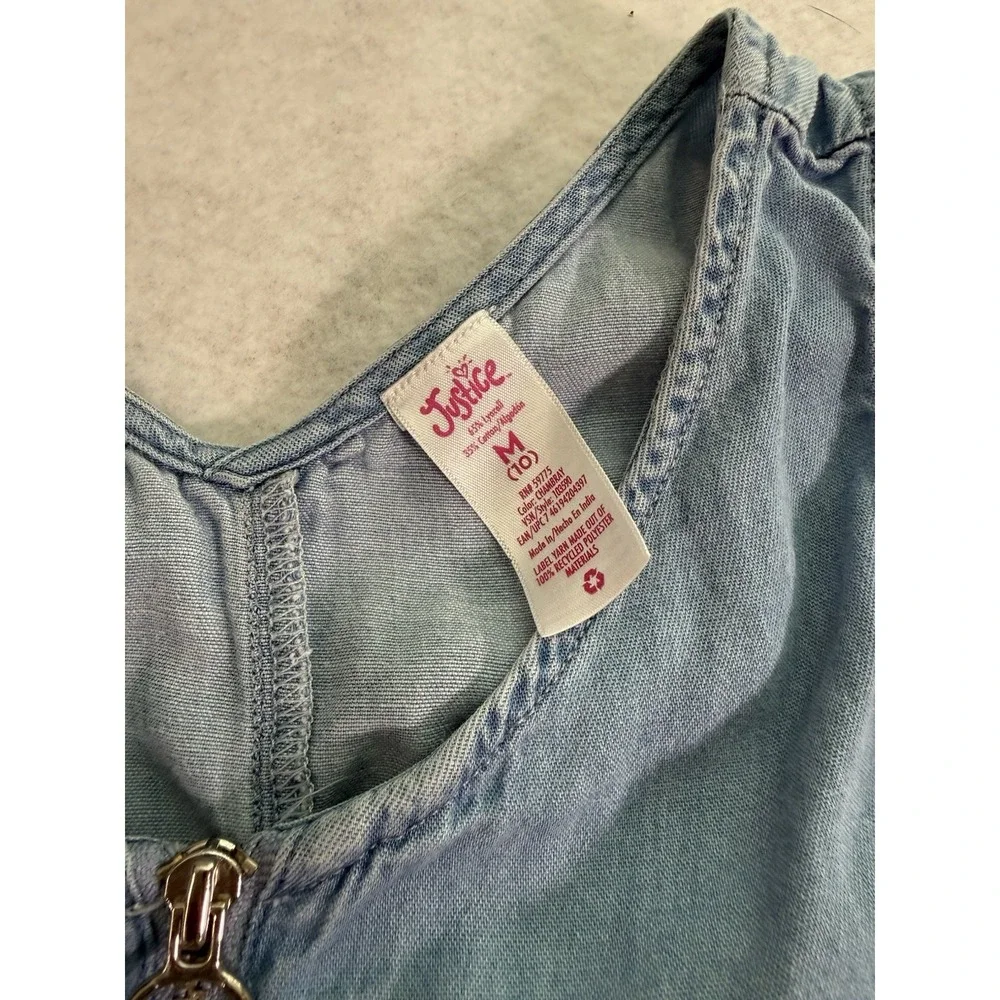 Justice Girls Chambray Denim Romper Size M 10 Adjustable Waist Zip Front Pockets - Picture 2 of 5